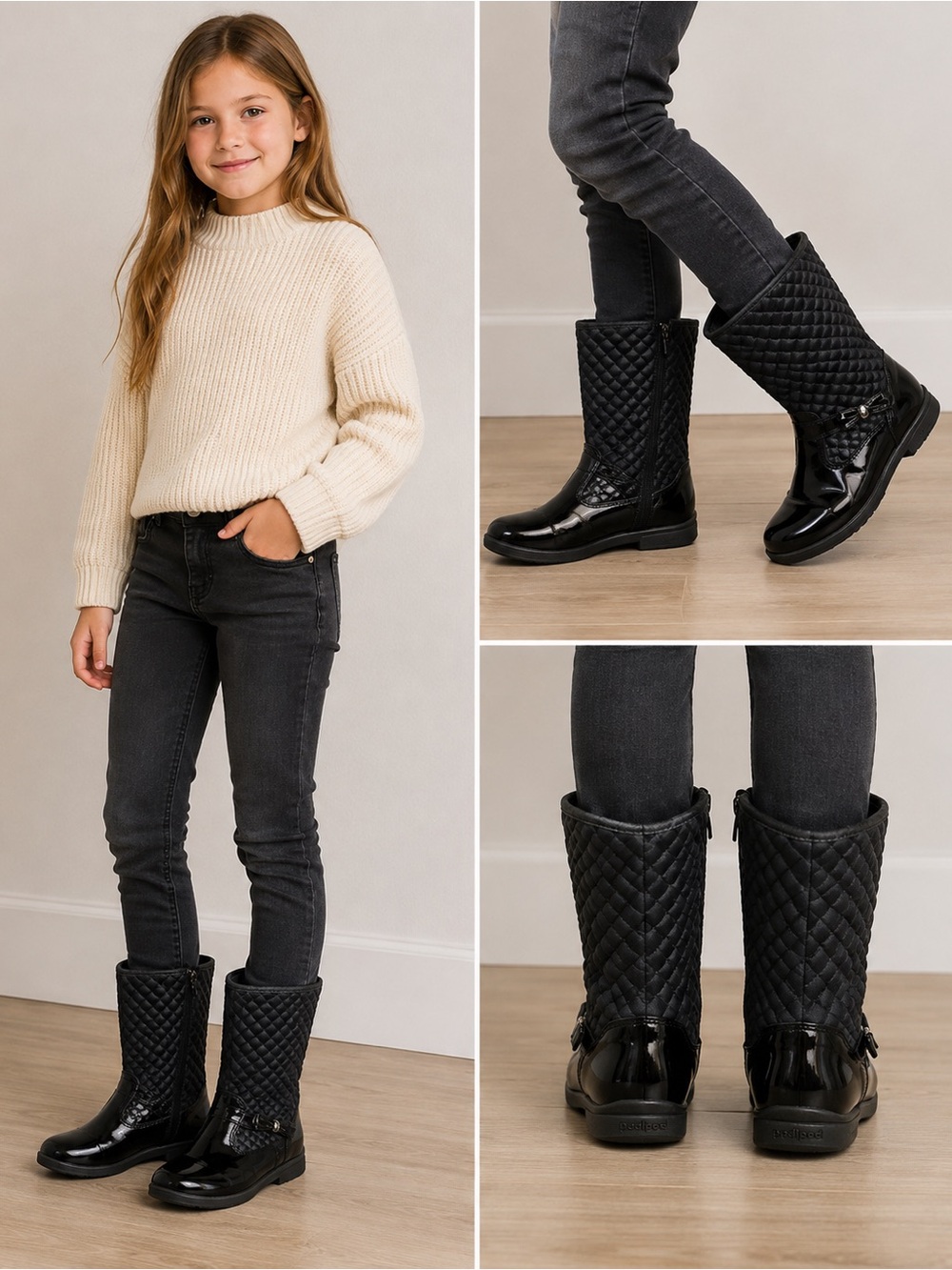 Pediped Girls Black Quilted Tall Boots – EU Size 32